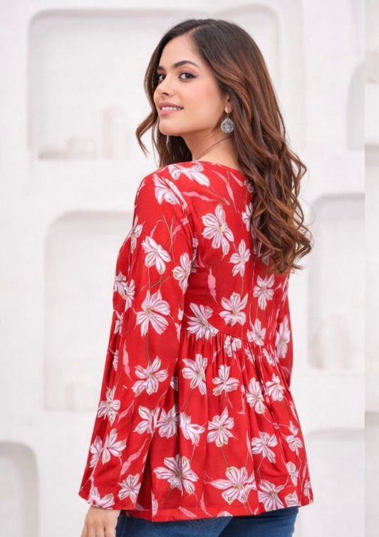 Red Short Kurthi, Full Sleeves.