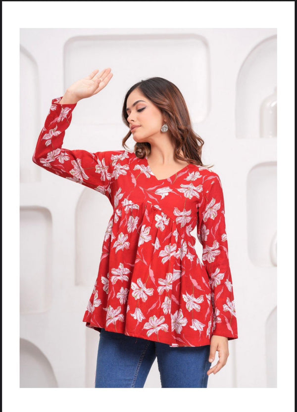 Red Short Kurthi, Full Sleeves.
